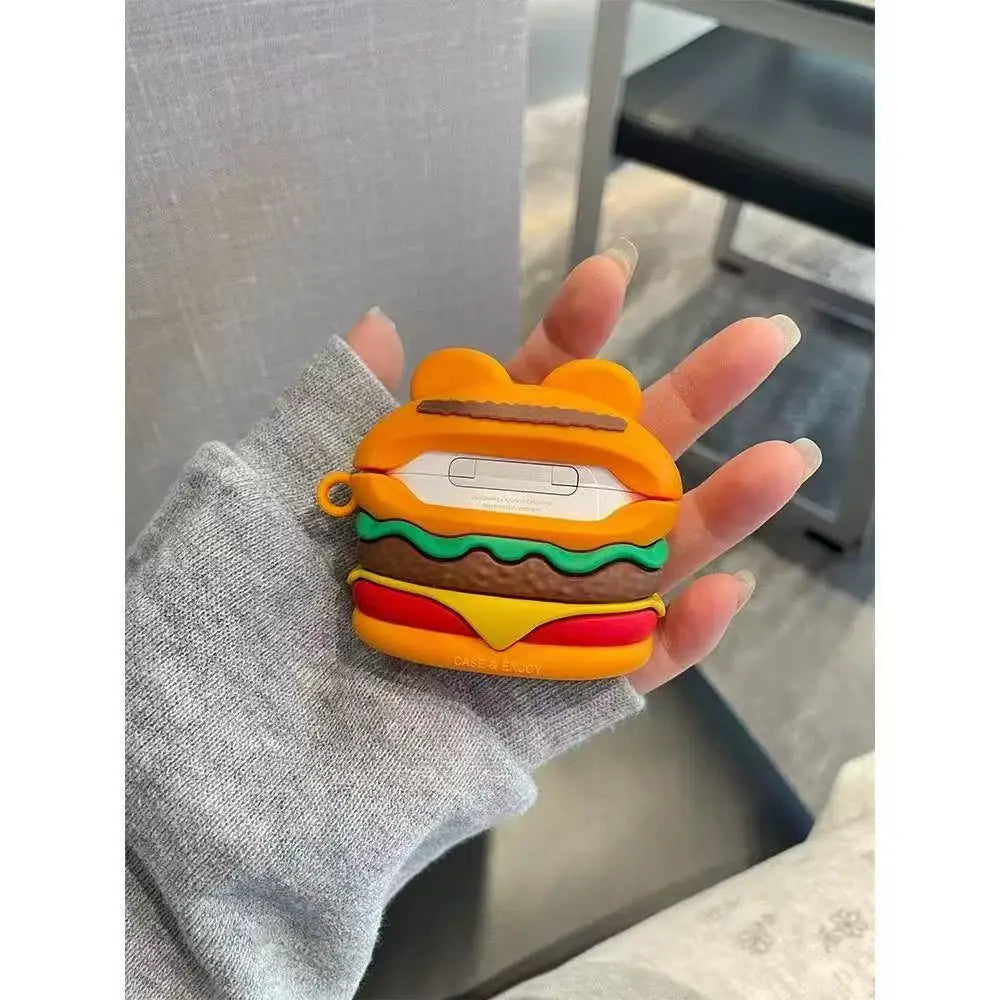 3D Cute Cartoon Cat Burger Silicone Earphone Case for Airpods Pro 2 Shockproof Soft Cover with Hook for Airpods 4 3 1 2 Gen Case