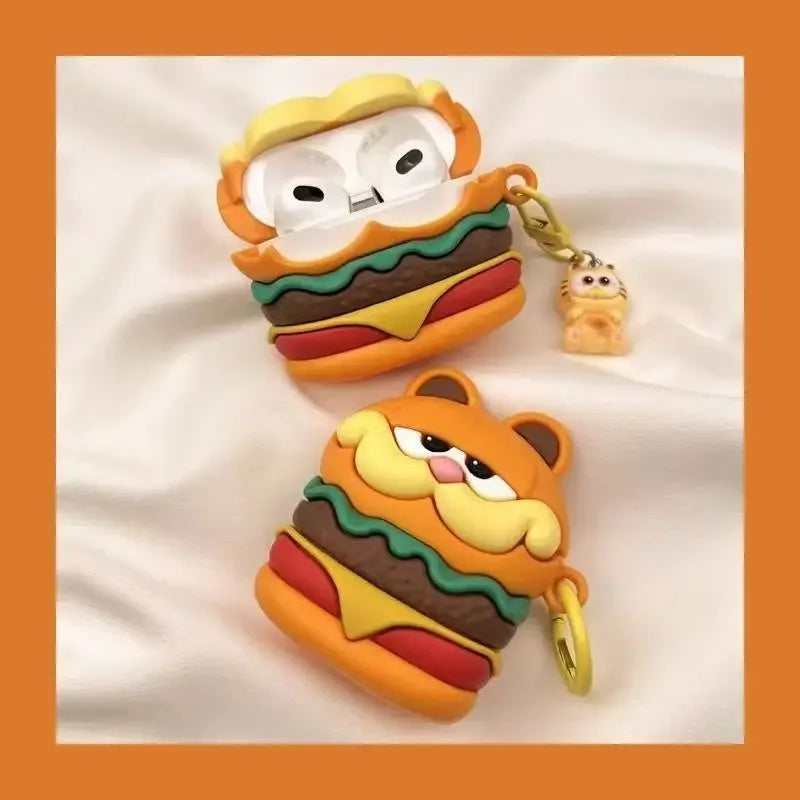 3D Cute Cartoon Cat Burger Silicone Earphone Case for Airpods Pro 2 Shockproof Soft Cover with Hook for Airpods 4 3 1 2 Gen Case