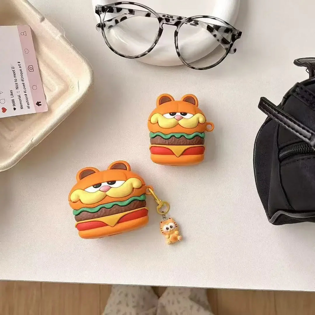 3D Cute Cartoon Cat Burger Silicone Earphone Case for Airpods Pro 2 Shockproof Soft Cover with Hook for Airpods 4 3 1 2 Gen Case
