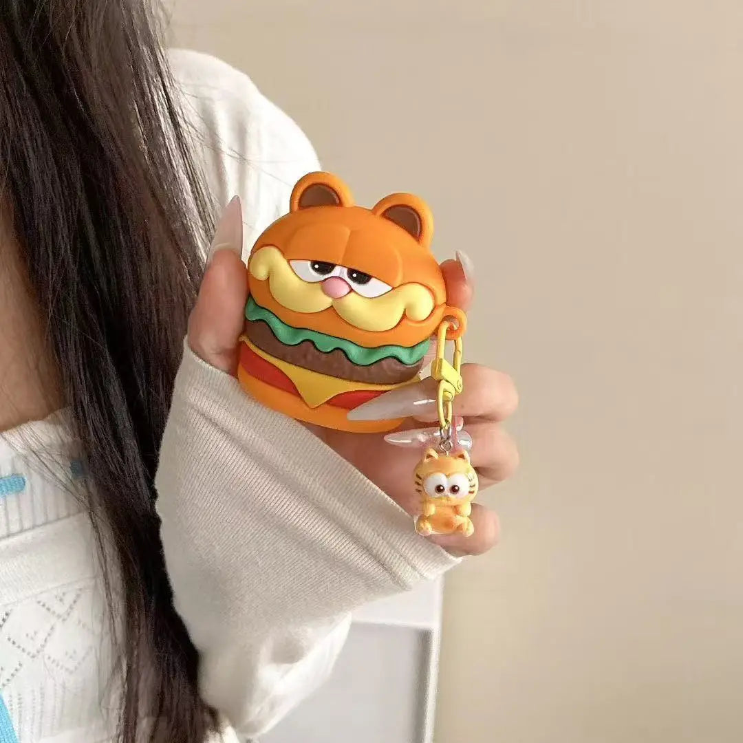 3D Cute Cartoon Cat Burger Silicone Earphone Case for Airpods Pro 2 Shockproof Soft Cover with Hook for Airpods 4 3 1 2 Gen Case