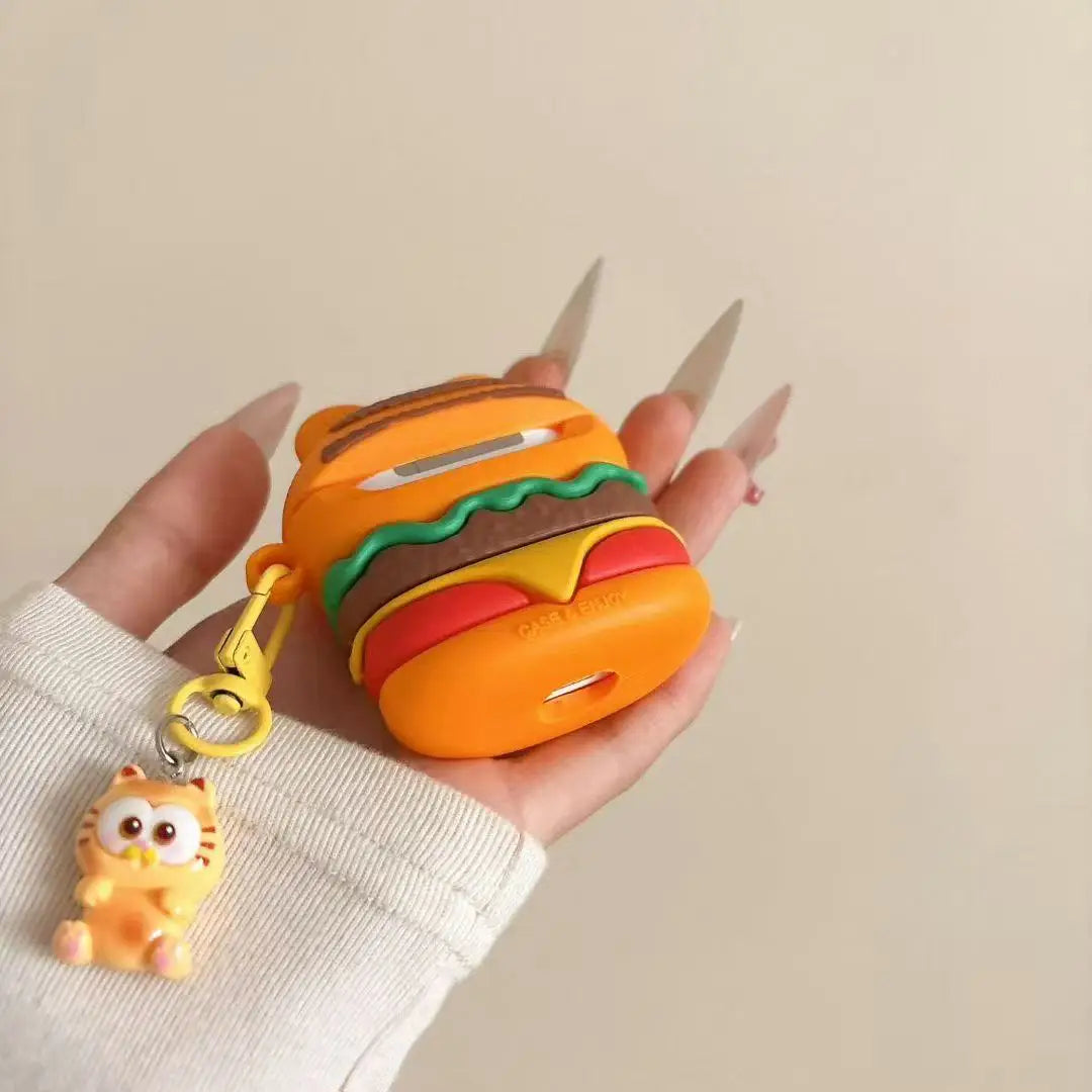 3D Cute Cartoon Cat Burger Silicone Earphone Case for Airpods Pro 2 Shockproof Soft Cover with Hook for Airpods 4 3 1 2 Gen Case