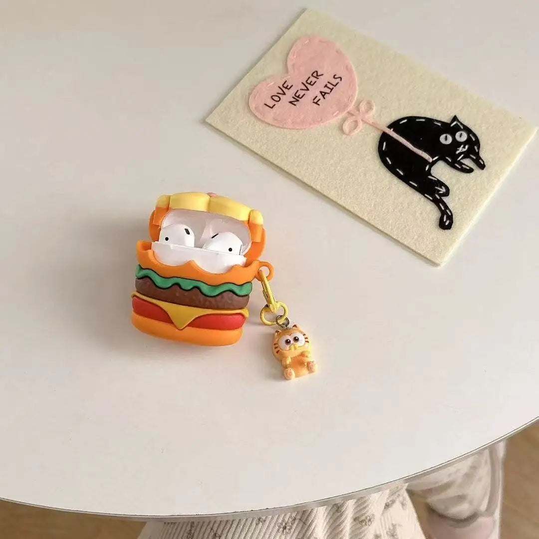 3D Cute Cartoon Cat Burger Silicone Earphone Case for Airpods Pro 2 Shockproof Soft Cover with Hook for Airpods 4 3 1 2 Gen Case